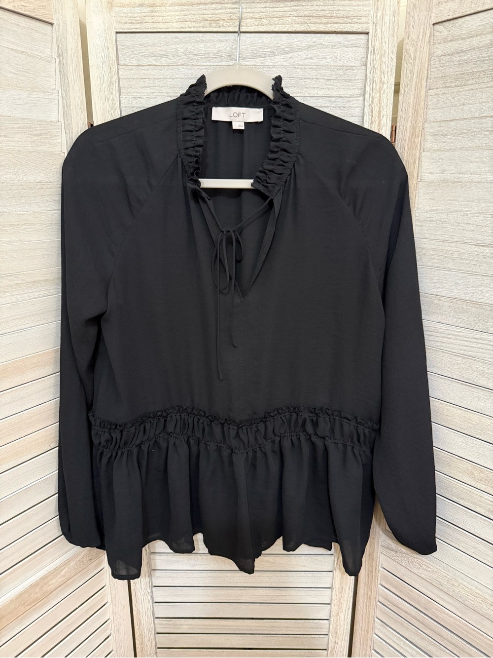 LOFT Black Ruffle Tie-Neck Peplum Top